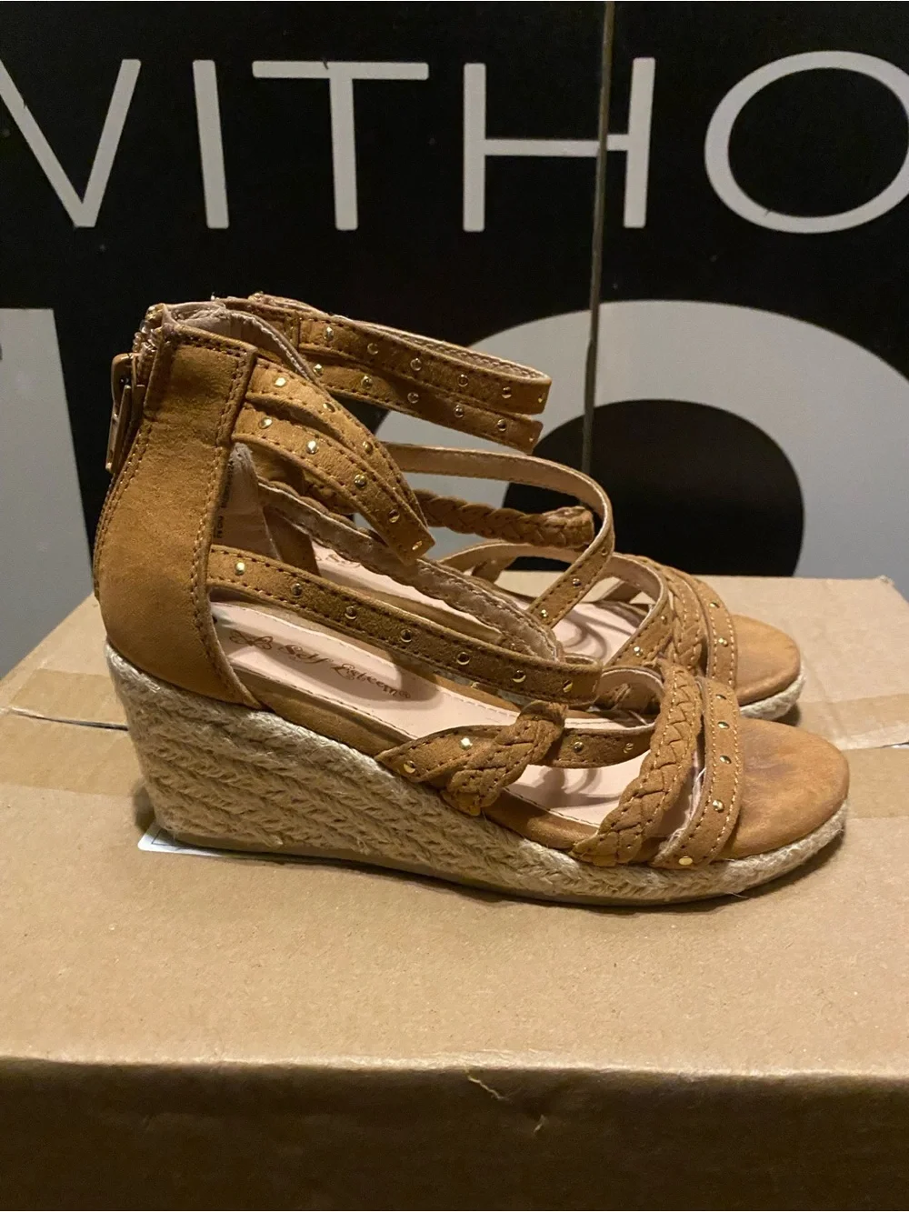 Girls' Tan Braided Espadrille Wedge Sandals with Studded Straps